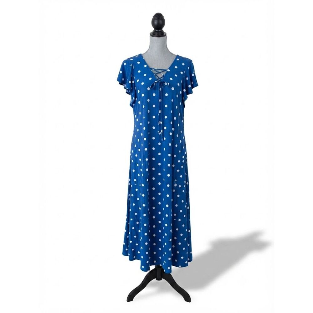 Blue Polka Dot Ruffled Sleeves Maxi Dress Lace-Up V-Neck Sz M Classic Summer